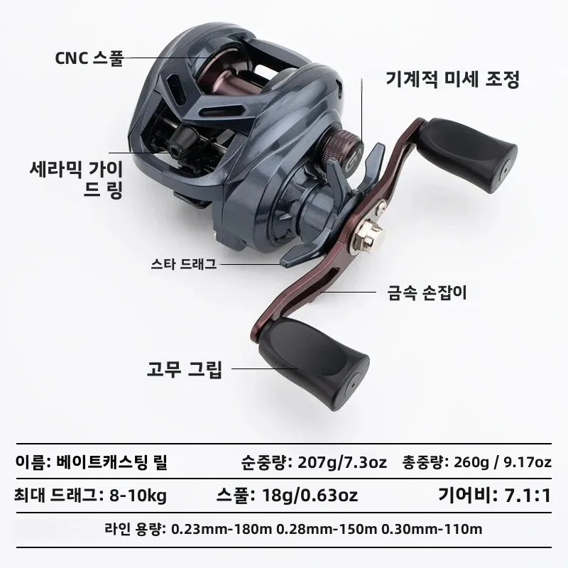 Huidiao 7.1:1 베이트릴 15단계 마그네틱 브레이크 로우 프로파일 캐스팅 릴 10KG 드랙(클리커 포함) 모든 용도 낚시용