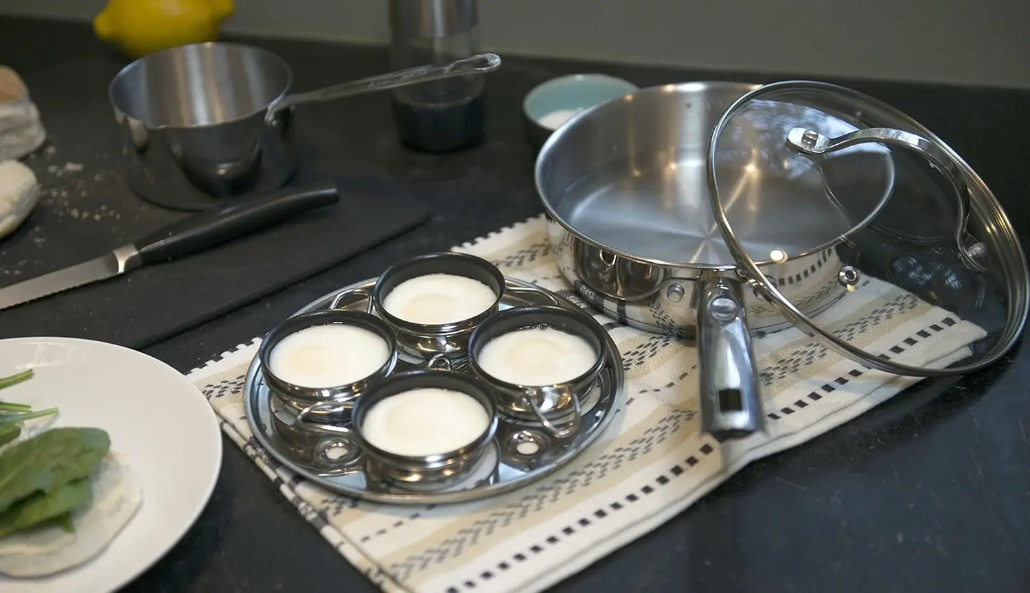 International Endurance® Egg Poacher Set for 4 Eggs | Glass Lid with Steam Vent | Perfectly Poached Eggs | Includes Non-Sti 4