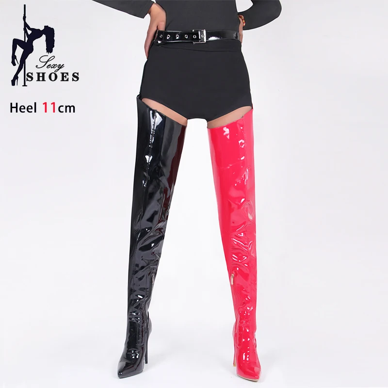Women Pointed Thigh Boots Black Belt Buckle Female Shoes High Heels Shoes Patent Leather Over The Knee Boots Sapatos Femininos