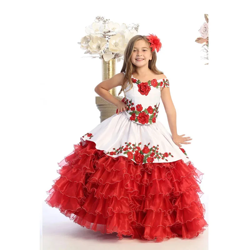 

Red Mini Quinceanera Dresses Ball Gown Organza Tiered Appliques Flower Girl Dresses For Weddings Mexican Pageant Dresses Baby