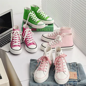 Women's High-top Canvas Shoes Adult Ladies Classic Spring Sports Shoes Soft Sole Breathable Lace-up Casual Running Shoe Sneakers 1