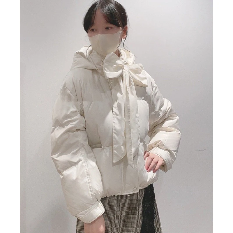 Japanese Style Sweet and Cute Women's Long Sleeve Down Jacket Winter Fashion New Hooded Bow Lace Up Slim Fit Short Down Jackets