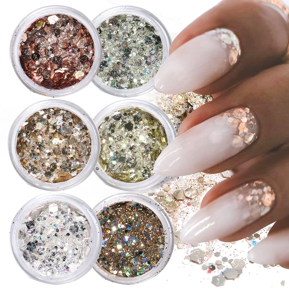 6pcs Champagne Rose Nail Glitter Flakes Mixed Hexagon Sequins Powder Fall Winter Mermaid Paillette Nail Decorations LA1539-52 nail powder nail glitter nail decoration nail decorations nail flakes