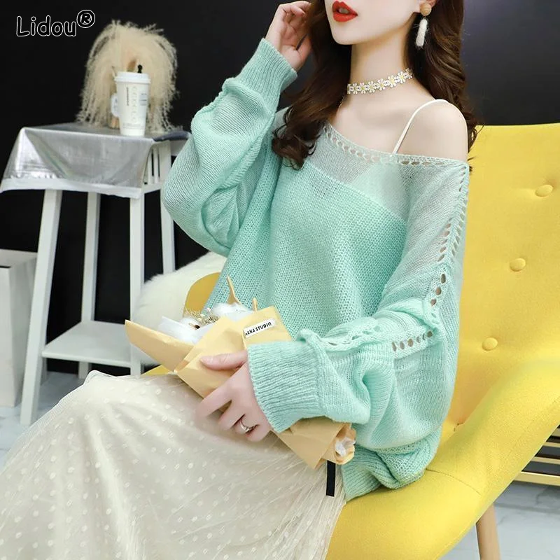 Spring Autumn Thin Solid Loose Slash Neck Hollow Out Streetwear Sweet ...