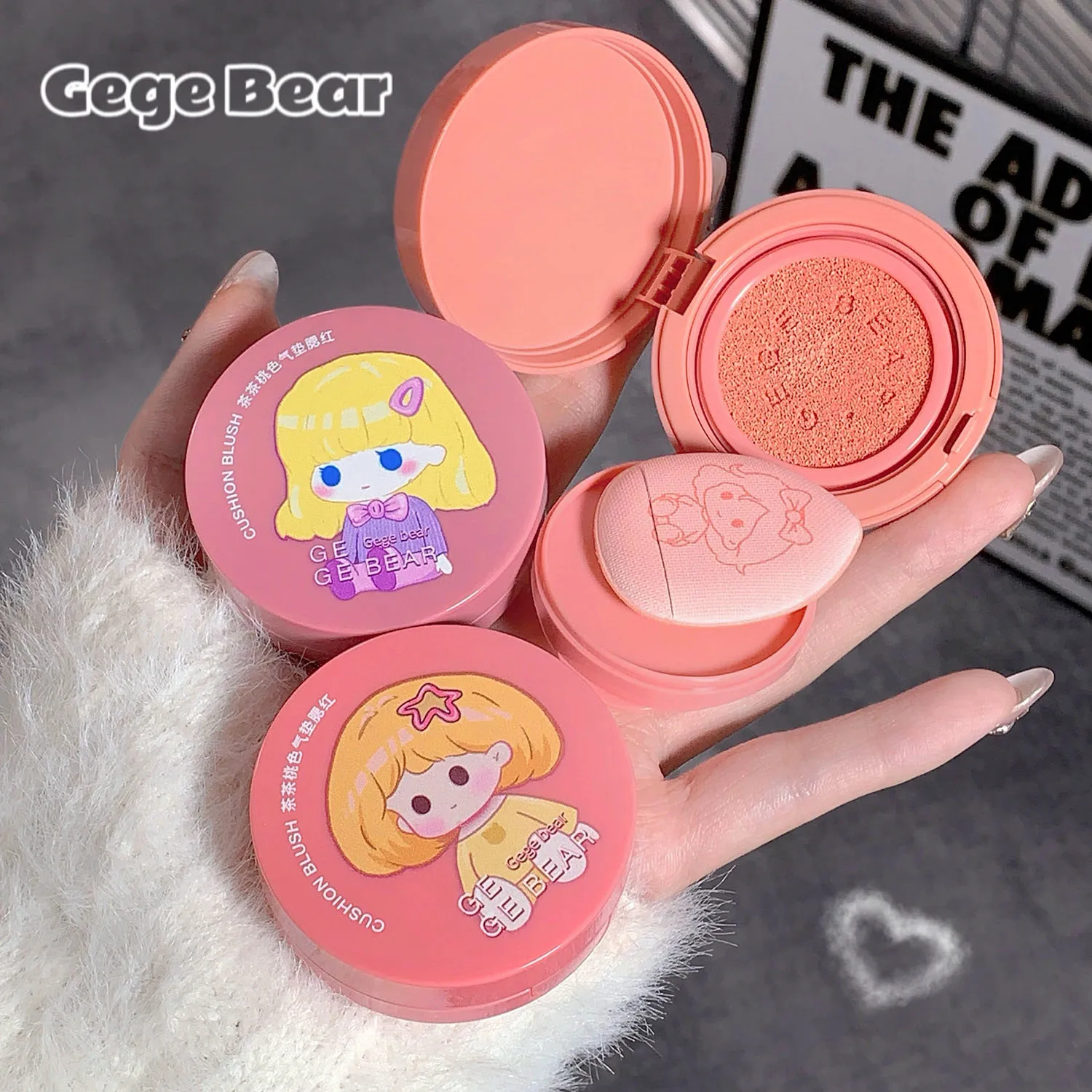 Gege Bear Air Cushion Blush Cream Waterproof Lasting Natural Cream Cheek Tint Blush with Puff Peach Pink Rouge Girl Blush Makeup 3