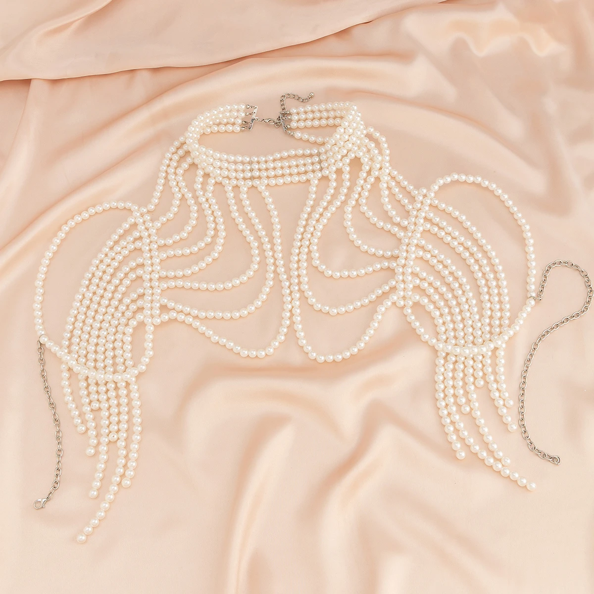 Ingemark Elegant Multilayer Imitation Pearl Shoulder Chain Necklace for Women Wed Bride Goth Tassel Neck Rave Party Body Jewelry