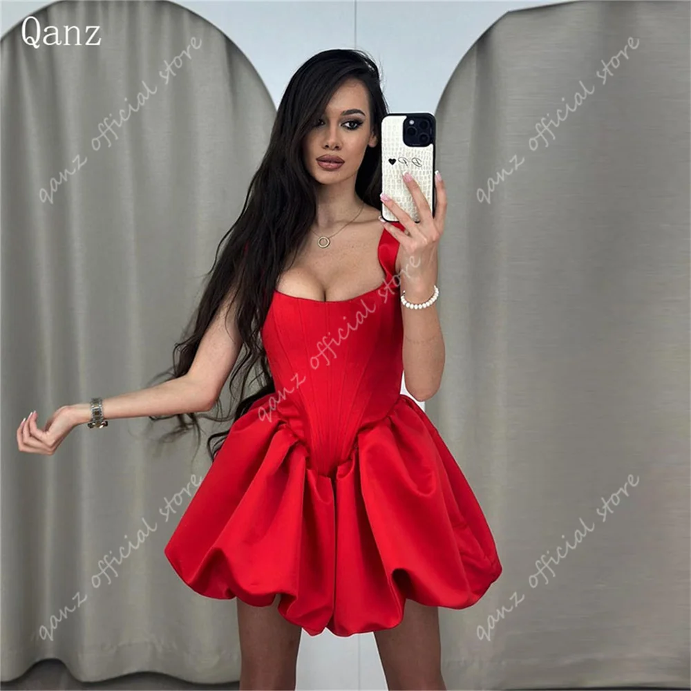 Qanz Modern Red Vestidos De Festa Senza Spalline In Raso Abiti Corti Per Il Ritorno A Casa Fluffy Corsetto Indietro Vestidos De Graduaci1