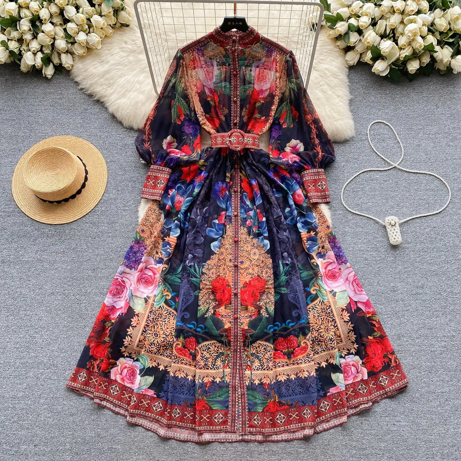 Bohemian Chiffon Green Maxi Dress Women's Turtleneck Lantern Sleeve Single Breasted Flower Print Belt Holiday Long Vestidos 6342