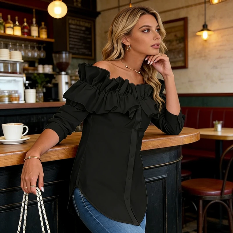 Spring New Fashion Women's Ruffle Edge One-word Neck Off-the-shoulder Cardigan Shirt Elegant Solid Color Casual Slim-fit Blouse