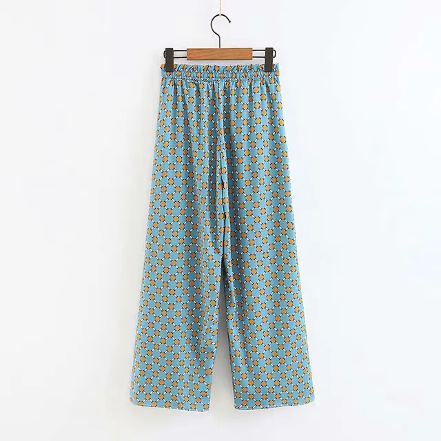 Women's Suits Sunc Spring LOOSE Blue Printed Kimono Jacket with Feather Sleeves Wide Leg Pants Two-piece Viintage Clothing Suits Blue-pants