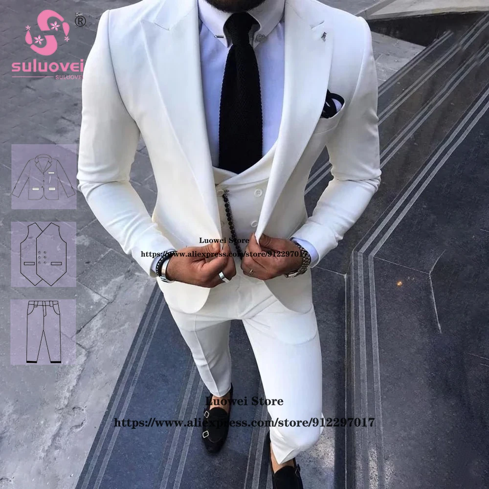 

Fashion White Slim Fit Suits For Men Custom Made 3 Piece Pants Set Formal Groom Wedding Dinner Tuxedo Costume Homme Pour Mariage