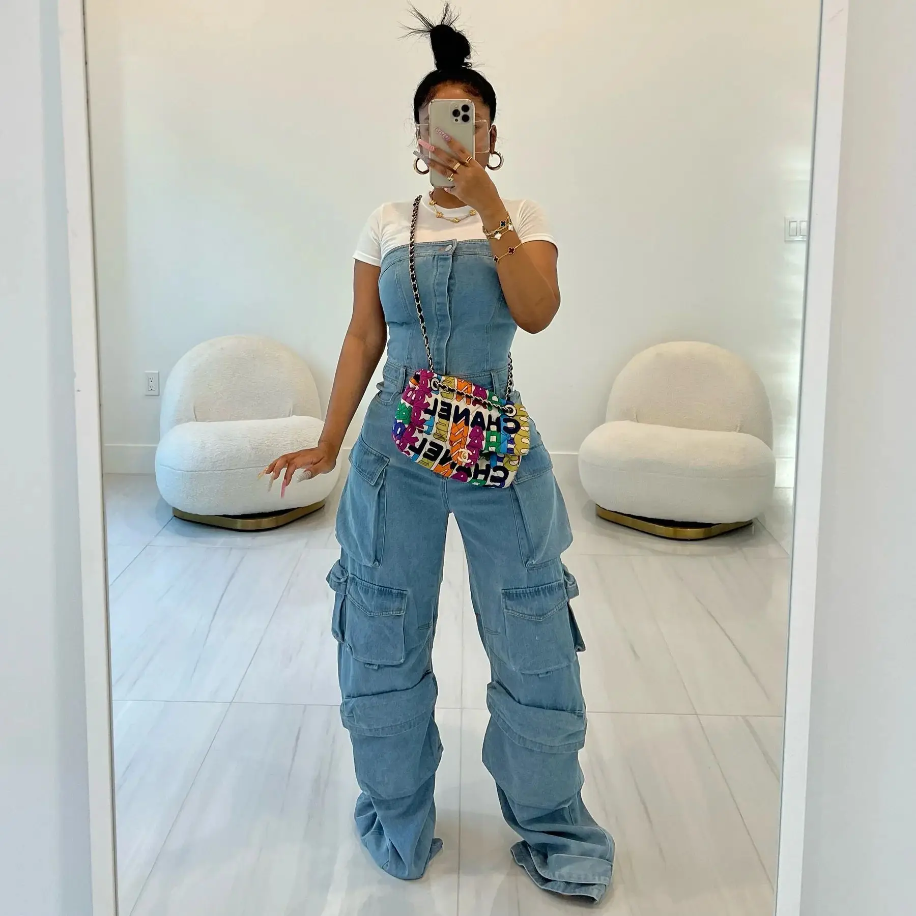 Off Shoulder Women Cargo Denim Jumpsuit with Pockets Solid