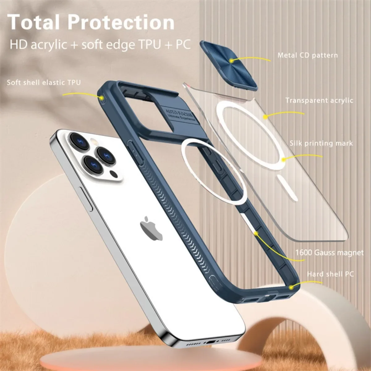Magnetic Wireless Charging Shockproof Case with Slide Camera Lens Protection