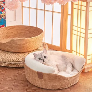 수제 직조 애완 동물 고양이 매트 개 침대 소파, 편안한 둥지 바구니, 방수 탈착식 쿠션 수면 매트, 고양이 용품, 사계절