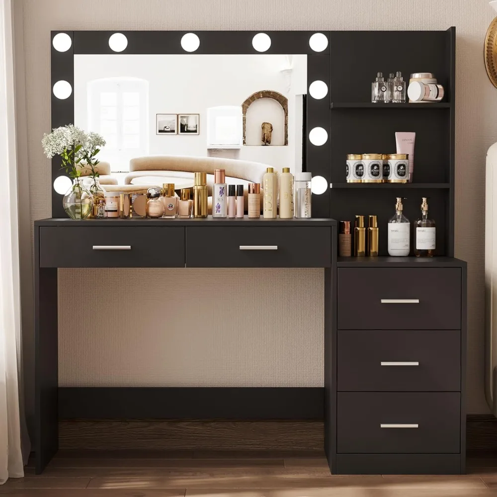 

Rovaurx 46.7" Makeup Vanity Table with Lighted Mirror, Large Vanity Desk with Storage Shelf & 5 Drawers, Bedroom Dressing Table