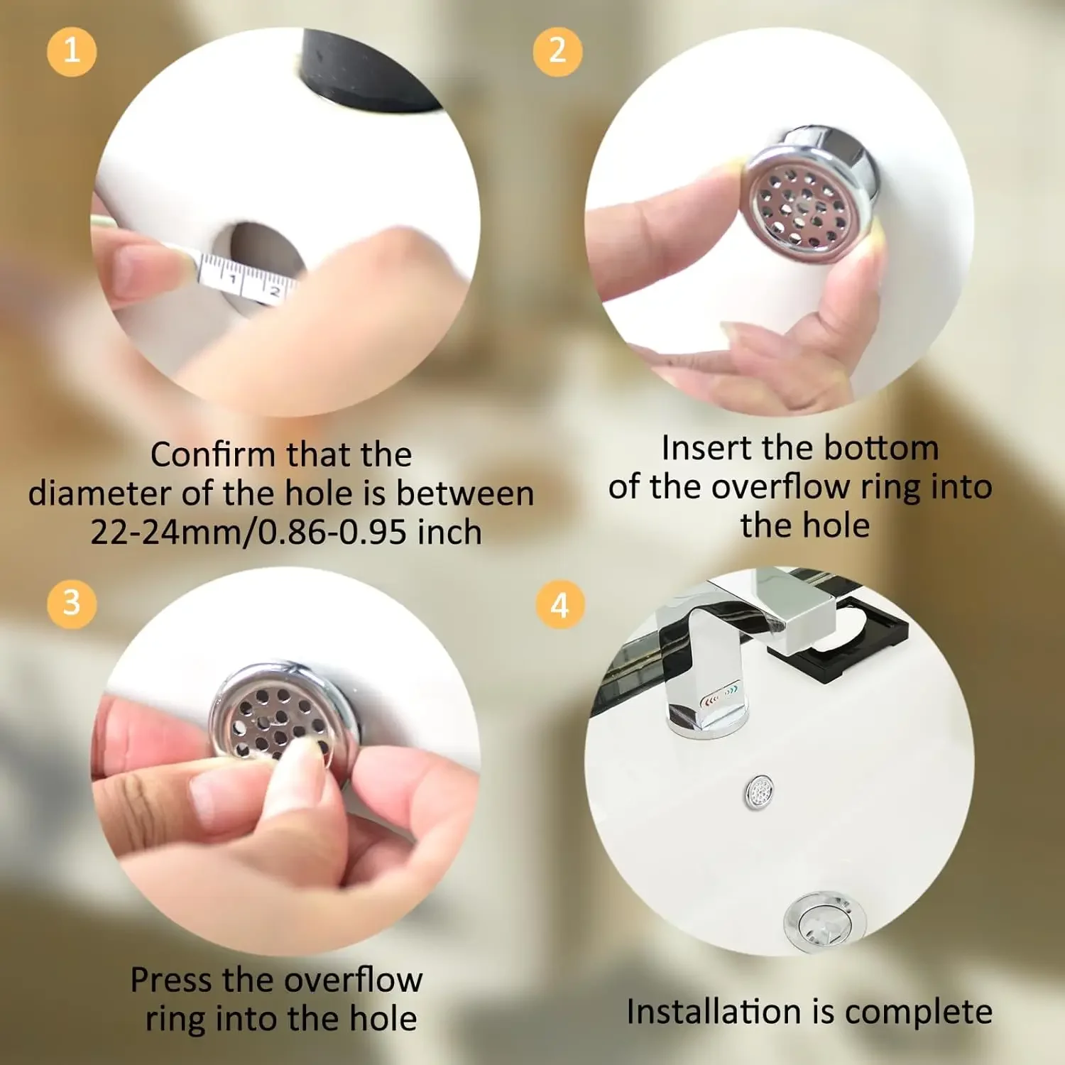 4pcs Sink Overflow Ring Bathroom Basin Trim Bath Sink Hole Round Overflow Drain Cap Cover Insert in Hole Spares for Kitchen