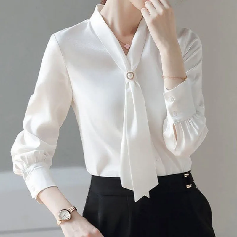 2022 Spring Autumn Solid Color Chiffon Shirt Women's Lacing Strap Buttons Decorate Loose Fashion Long Sleeve Upper Outer Garment 100% wool ladies suit clothes pullover upper body temperament polo shirt lower body fashion long skirt solid color elastic waist