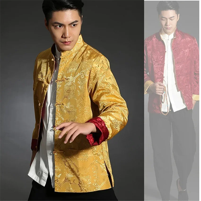 Men Chinese Style Shirt Tang Suit Chinese Jacket Silk Kungfu Cheongsam Top Hanfu Men