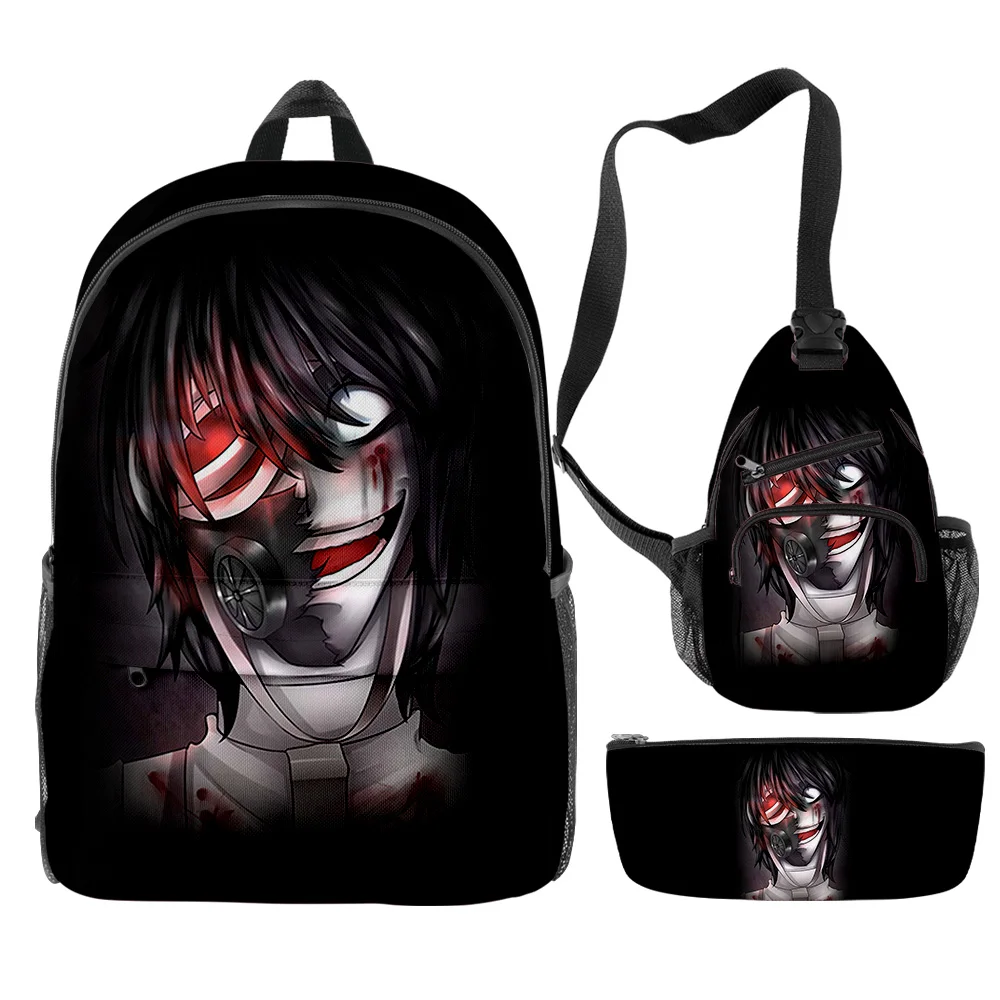 Harajuku Jeff the Killer Creepypasta 3pcs/Set Backpack 3D Print Bookbag Travel Laptop Daypack Backpacks Chest Bags Pencil Case