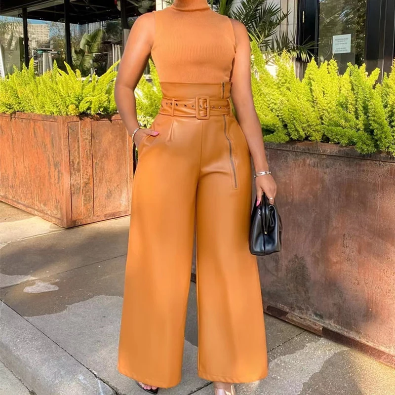 Fashion INS style PU leather pants nightclub metal belt wide leg pants party party high waist pants