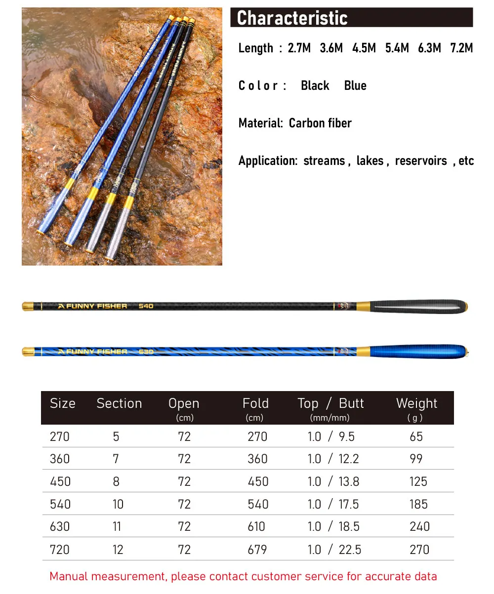 JOSBY-새로운 초경량 슈퍼 하드 스트림 핸드 폴 2.7/3.6/4.5/5.4/6.3/7.2 미터 탄소 섬유 텔레스코픽 낚싯대 물고기 태클, 카본 파이버 낚싯대 낚시대