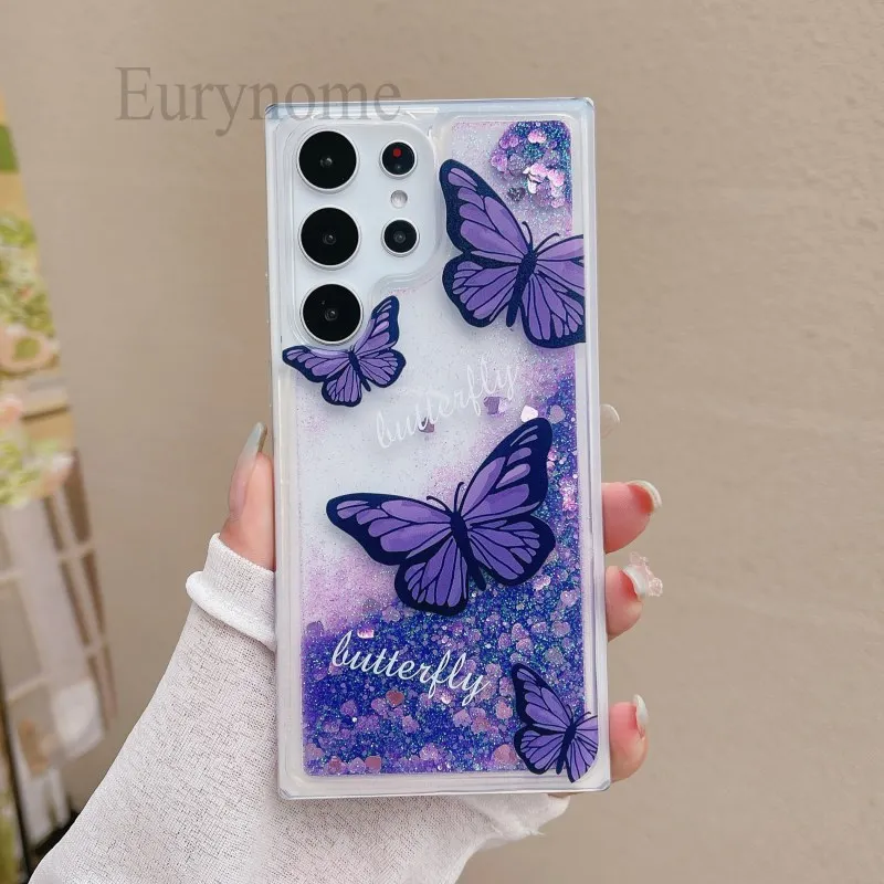 Pink Flower Butterfly Clear Liquid Glitter Quicksand Bling Case
