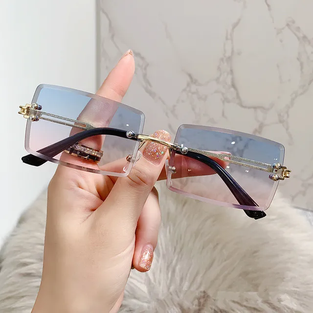 Vintage Fashion Frameless Sunglasses for Women Rimless Rectangle Shades Gradient UV400 Summer Traveling Sun Glasses 2022 Eyewear Gold Blue Pink