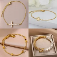 Bracelets croix en cristal pour hommes et femmes, acier inoxydable, vintage, religion, esthétique, bijoux, cadeau, document doré, mode 1
