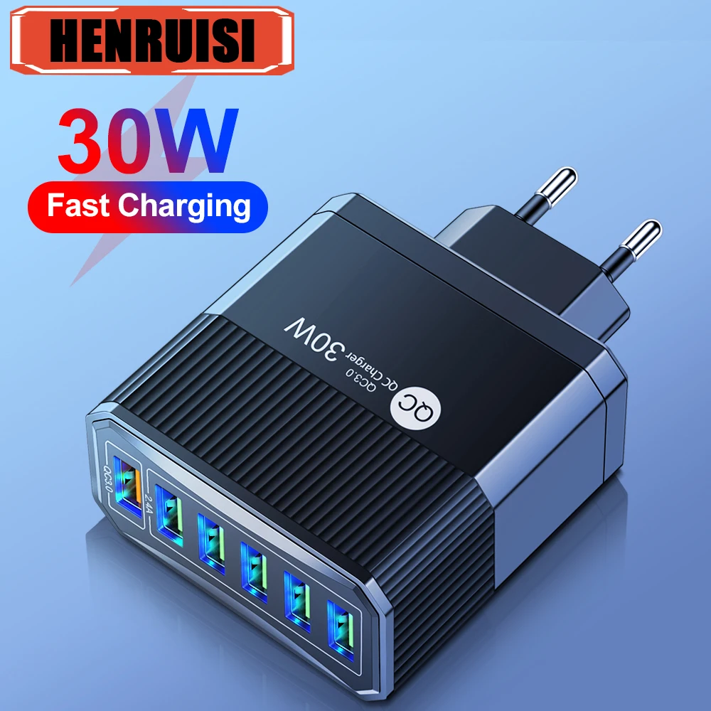 30W 6 USB EU US KR UK Plug Charger Phone Adapter for iPhone 15 Pro Max Xiaomi Samsung Tablet Portable Wall Mobile Charger