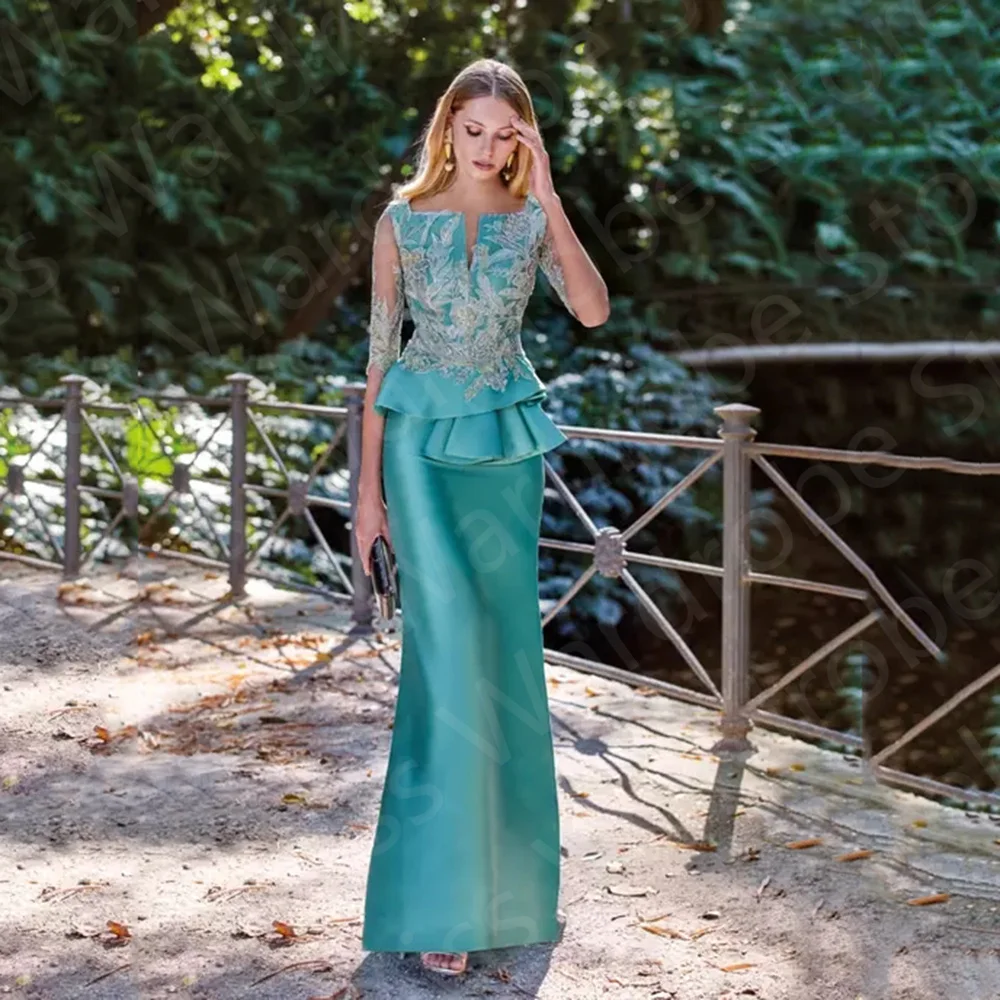 

Elegant Mermaid Blue Mother of the Bride Gowns 2023 Dress Half Sleeves Lace Wedding Guest Square Neckline On Sale