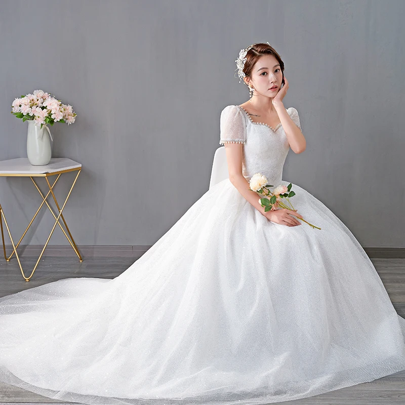 

Simple Wedding Dress With Glitter Square Collar Wedding Gowns Shining Fairy Dream Bride Dress Plus Size Vestido De Casamento