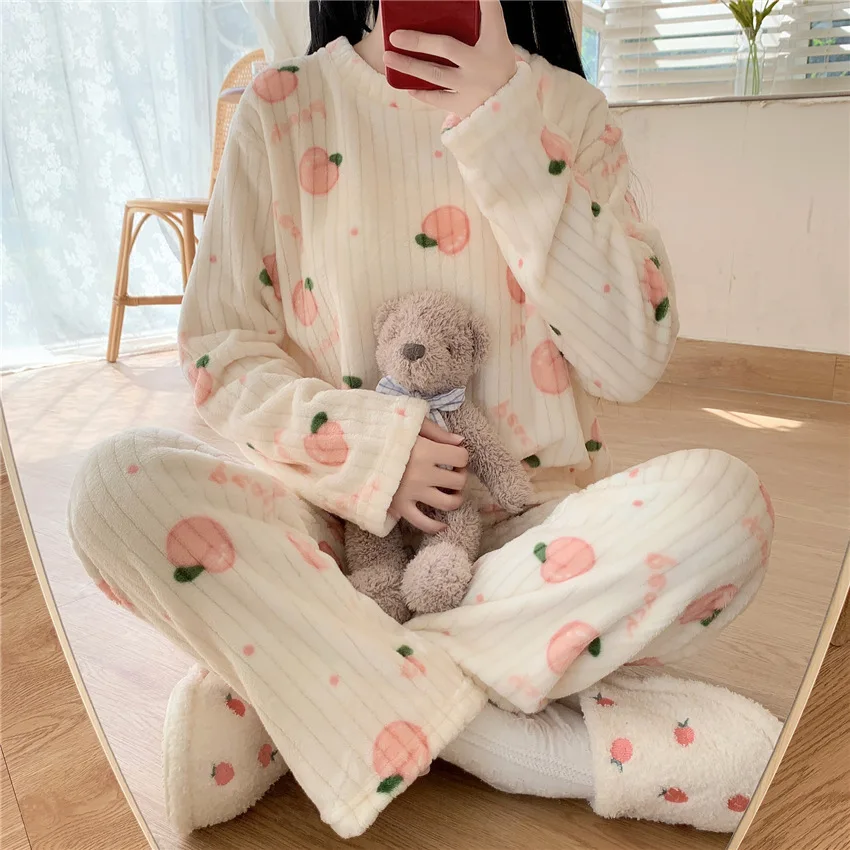 Winter Women's Pajamas Homewear Suit New Coral Fleece Warm Set of Fall and Winter Comfortable Warm Pajamas Homewear Suit S08aab372e9404bd188ddd86a2c728770r