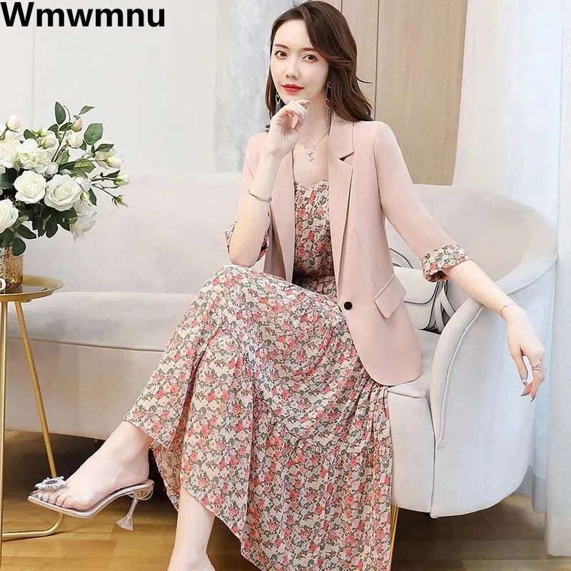 Office Lady Print Midi Dresses 2 Piece Set Fashion Blazer Coats + Chiffon Tank Vestidos Elegant Conjuntos Casual Korean Suit New