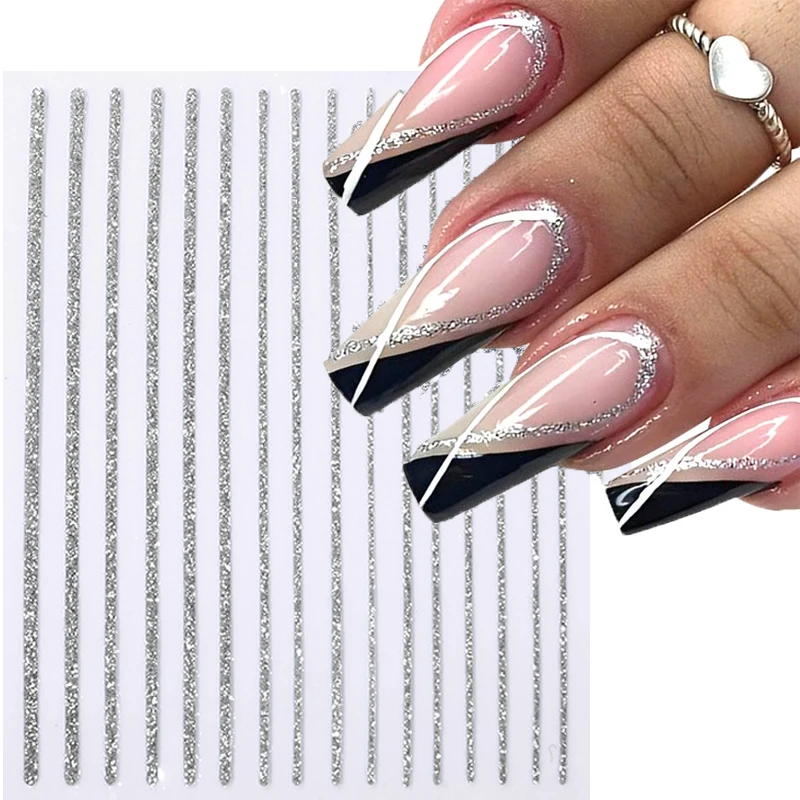 3D Glitter Line Nail Stickers Laser Gold Silver Stripe French Decalcomanie Design Olografico Wave Abstract Curve Nails Art Manicure