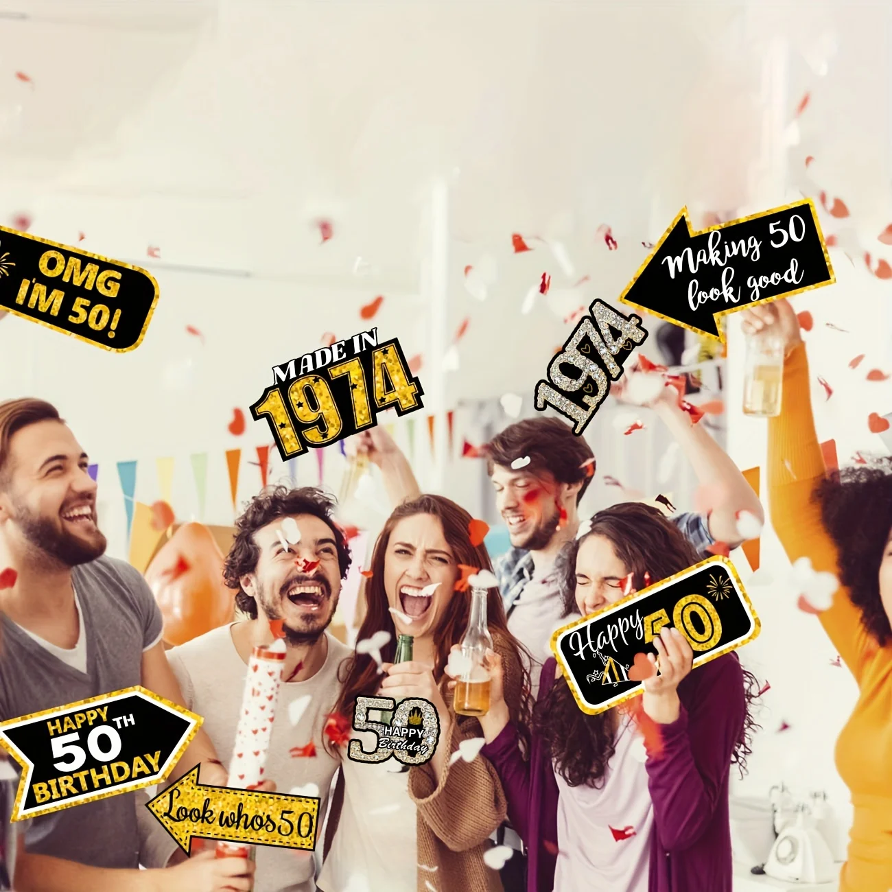 50th Birthday Decorations Black Gold 1974 Party Sign Party Decorations Happy 50th Birthday Signs 20Pcs party decorations birthday banner birthday streamers