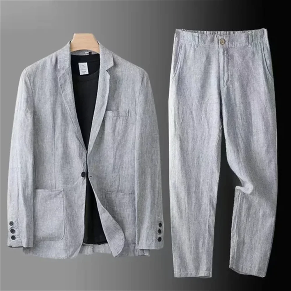 Spring/Summer New Men's Linen Set Loose Ultra thin Breathable Comfortable Business and Leisure Two Piece Suit Coat