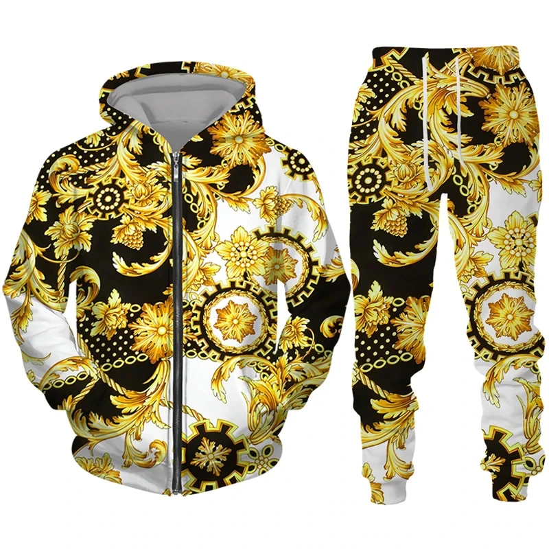 2023 Mode Luxe Keten Serie 3d Print Rits Hoodie Broek Tweedelige Set Hiphop Streetwear Trainingspak Mannen/Vrouwen Kleding Pak