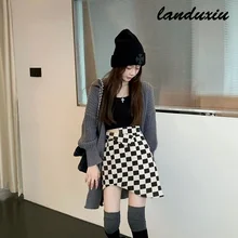 

Landuxiu Korean Womens High Waist Slim Fit Jupe 2022 Faldas De Mujer Fashion Plaid Irregular Bodycon Mini Skirt