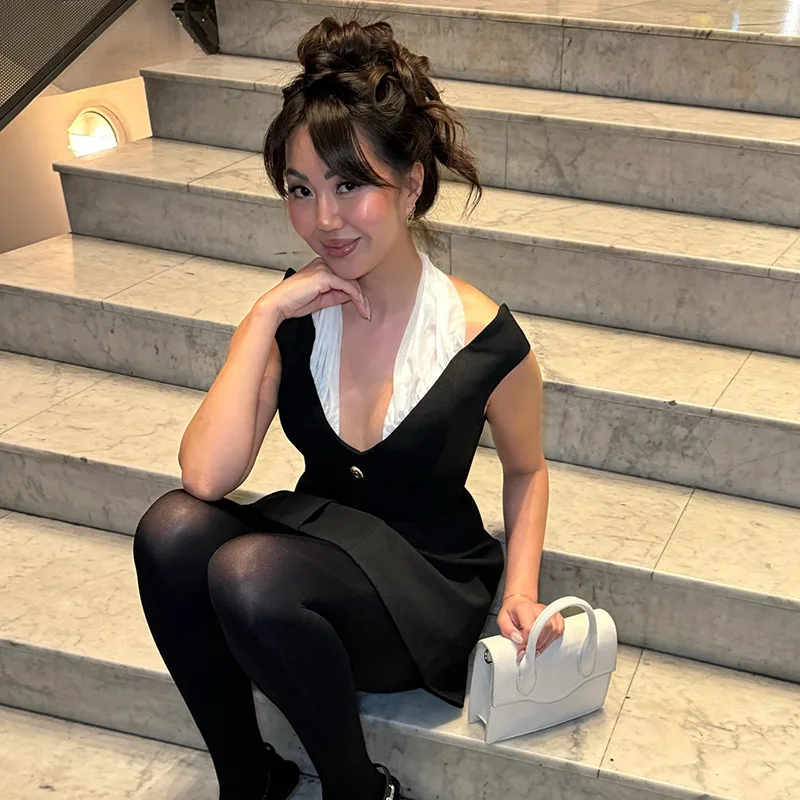 Elegant Contrast Color Splice Halter Dress For Women High Waist With Button Female Slim Fit Party Sexy Dress Sleeveless