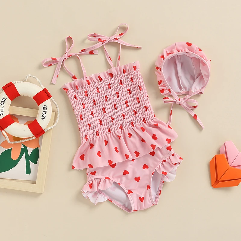 Lioraitiin 0-24M Newborn Infant Baby Girls 3Pcs Swimwear Heart Print Frilly Tank Tops Shorts Hat Swimsuit