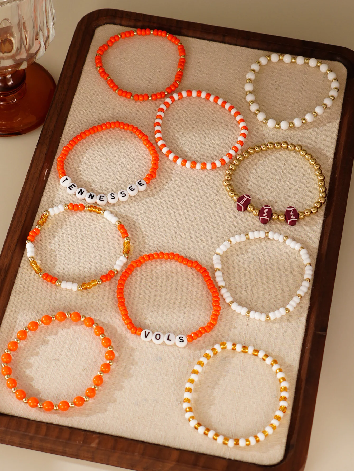 Bohemian Orange Bead Rugby Design Stacked Bracelet Set