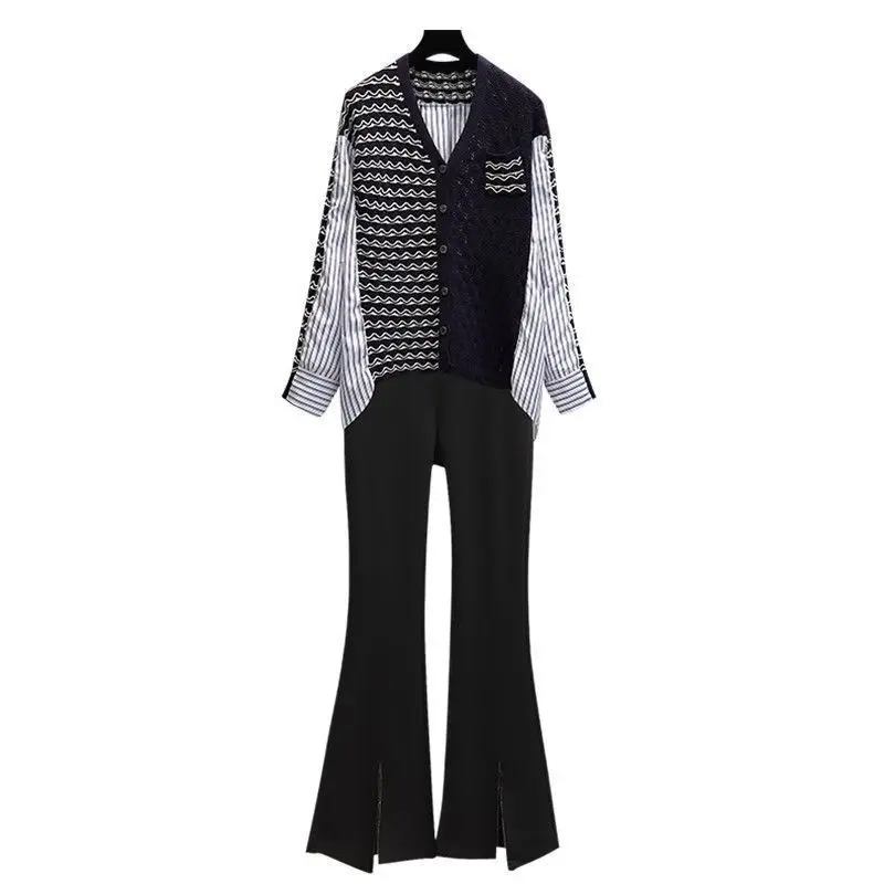 Large Women's Wear Spring and Autumn 2022 New Long Sleeved Knitted Irregular Striped Shirt Trousers Two-piece Casual Suit