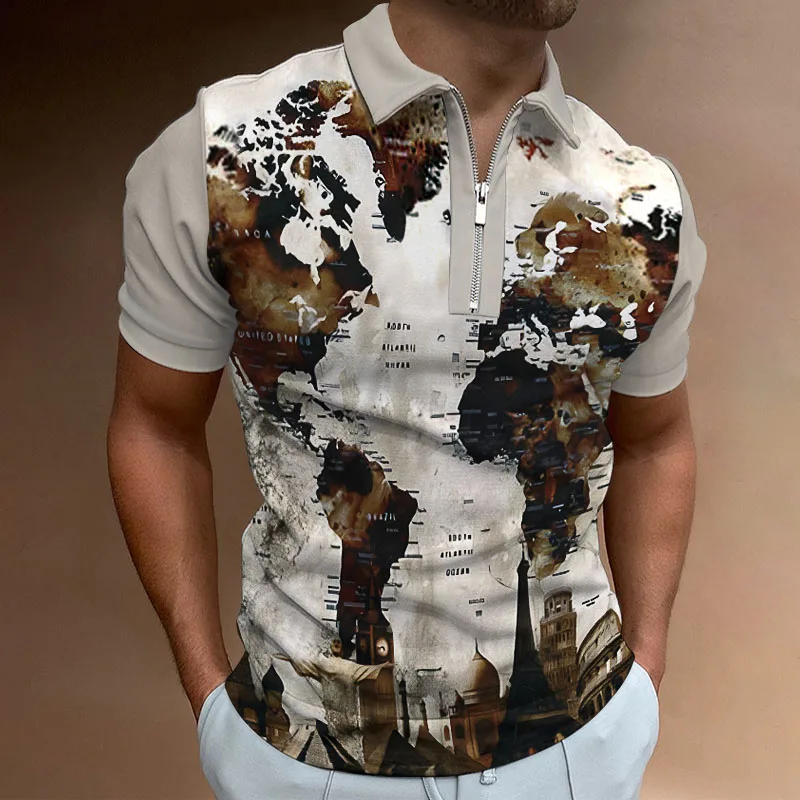 

explain: ·Top category: short sleeve, polo shirt ·Collar type: lapel ·Style details: printing, zipper ·Occasion: leisure, Europe