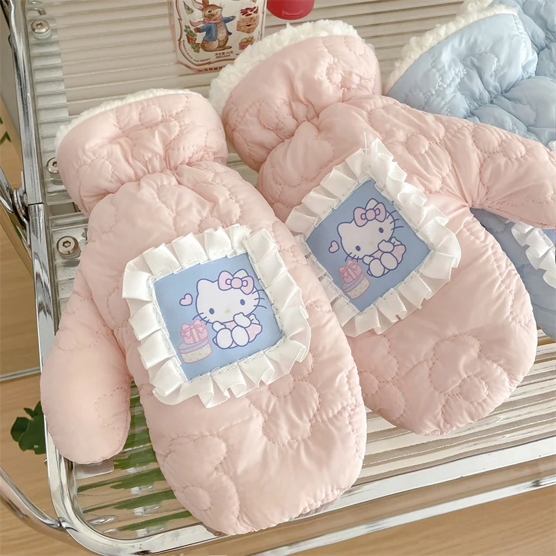 

Kawaii Hello Kitty Quilted Gloves Winter Student Cute Girl Heart Riding Cold and Warm Lightweight Cotton Gloves Girl Gift