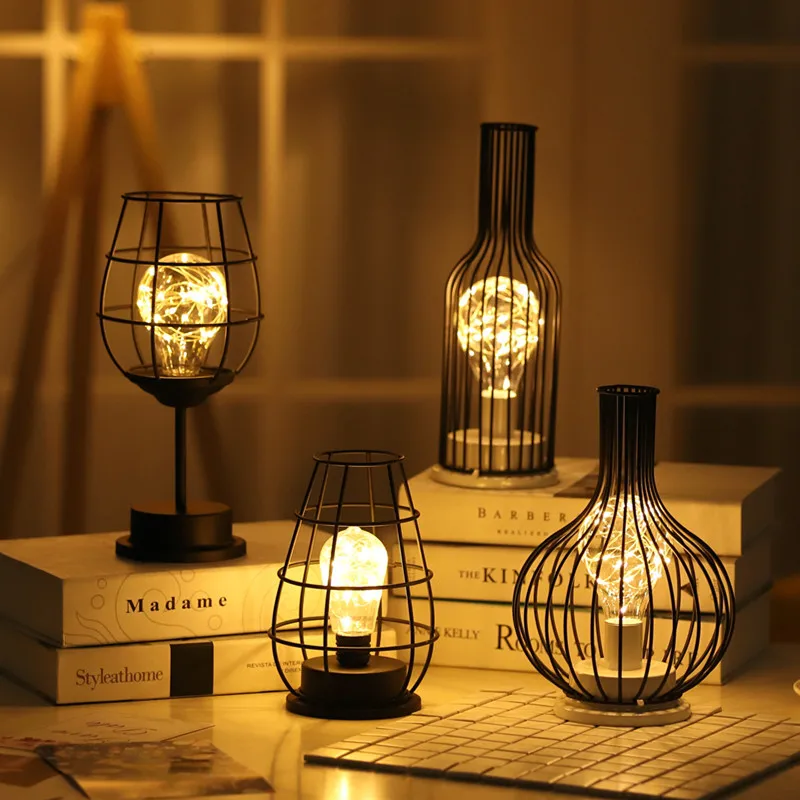 

New LED Night Light Wrought Iron Table Lamp Vintage Red Wine Glass Wine Bottle Gift Home Decor Bedroom Bedside Desk Night Light