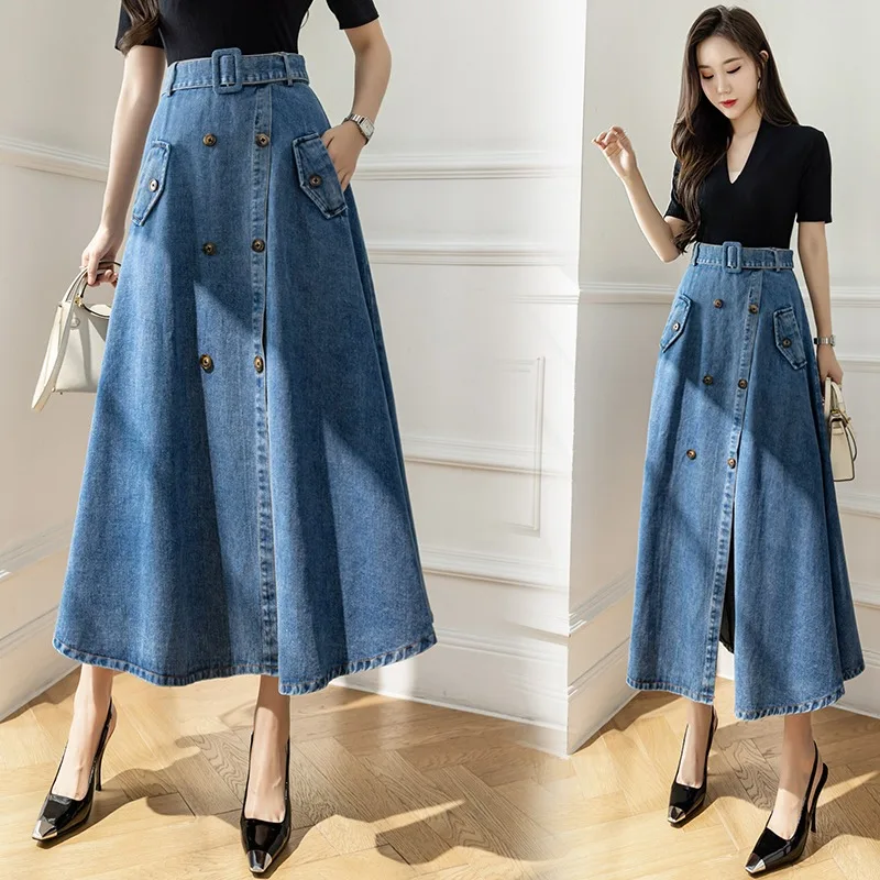 

Elegant Women Denim Skirt Blue High Waist Buttons Split A-Line Jean Skirt Fashion Ladies Versatile Mid-Length Skirt