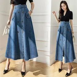 Elegant Women Denim Skirt Blue High Waist Buttons Split A-Line Jean Skirt Fashion Ladies Versatile Mid-Length Skirt