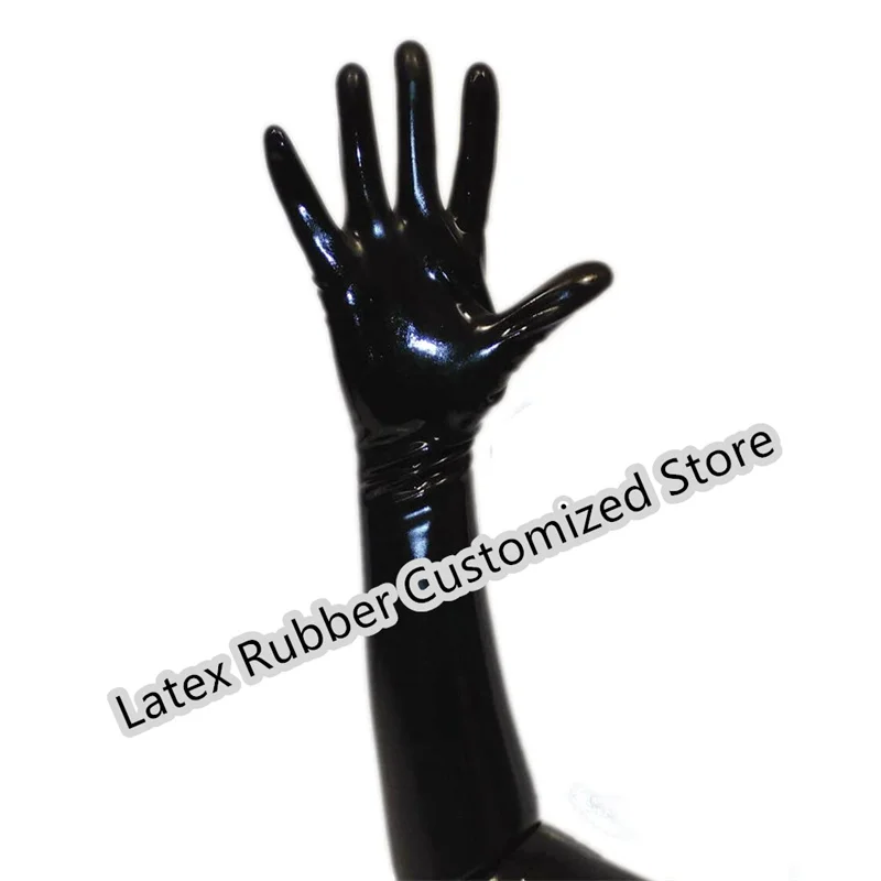 Sexy Fetish Latex Rubber Gloves Wrist Seamless Moulded Shoulder Length Black and Red Long for Men Women with Catsuit Hood