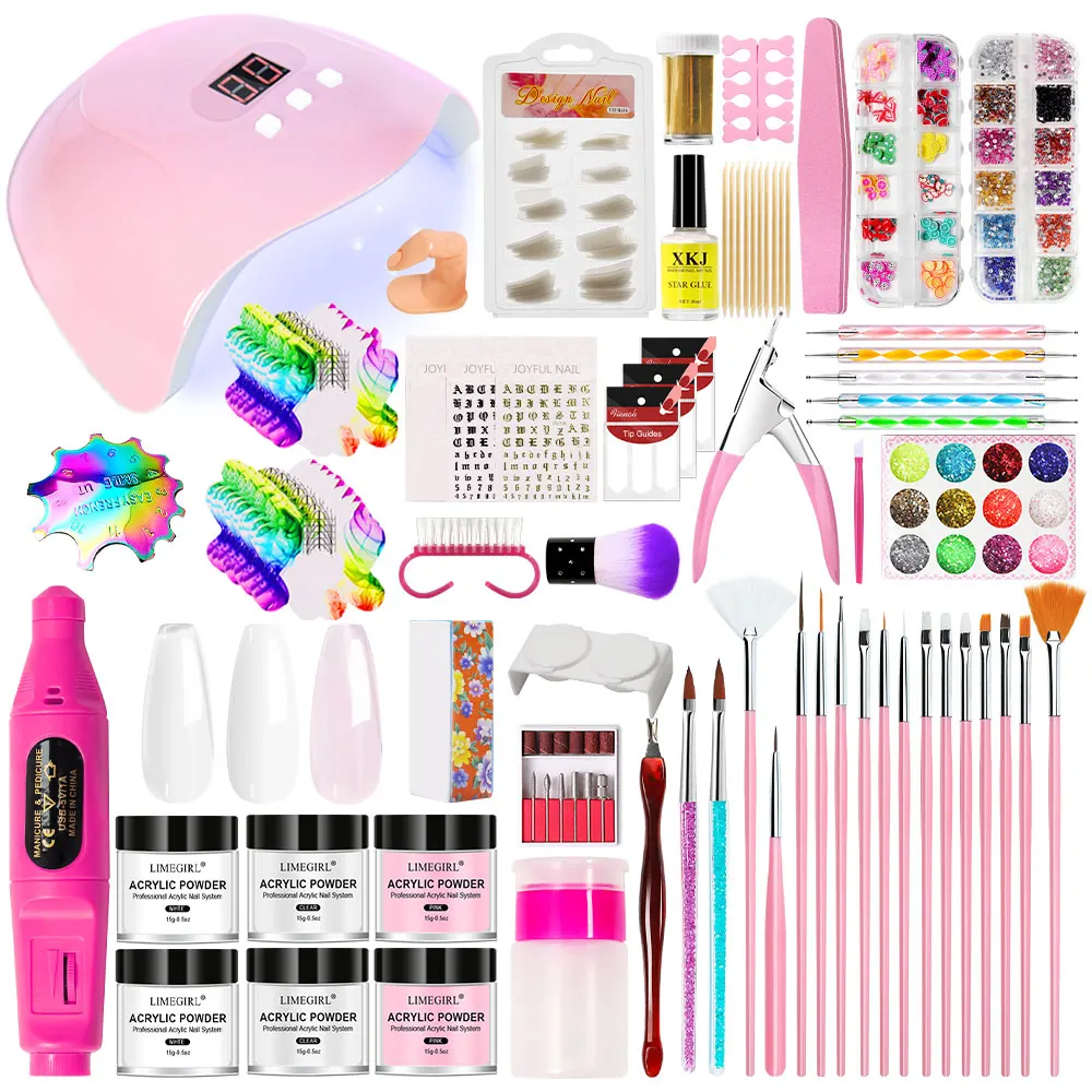 Acrylic Nail Art Kit UV Nail Dryer Light Polishing Tools With Electric Nail Drill Acrylic Nail Art Supplies For Beginner With Ev 5