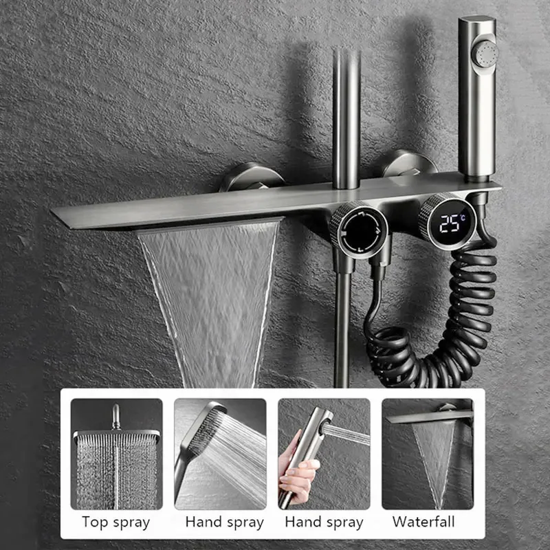 

Waterfall Wall-Mounted Shelf Bathroom Mixer Faucet Digital Display Shower Set,Copper Bathroom Showers Sets Bathroom Accessories